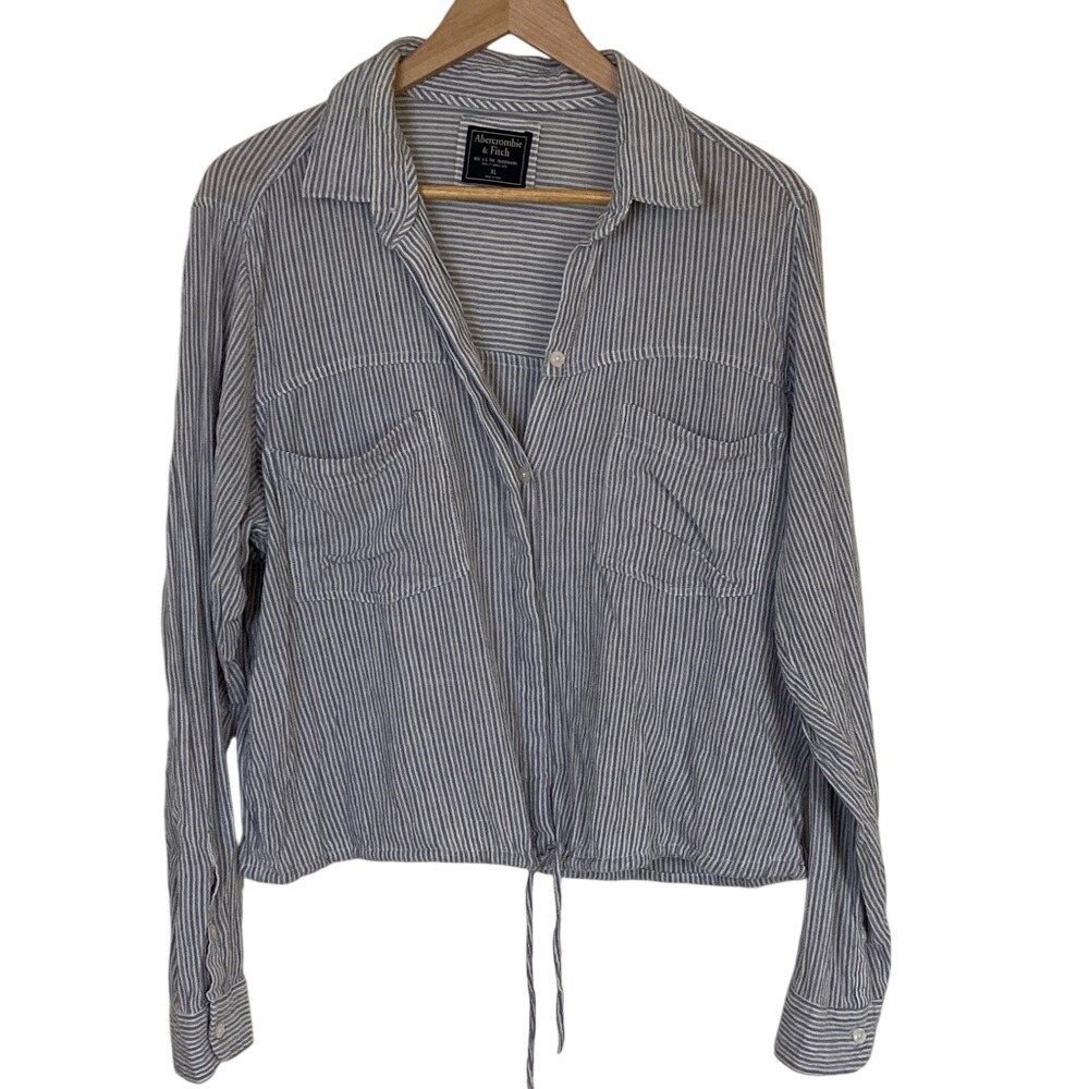 Abercrombie & Fitch Lightweight Striped Crop Button Front Shirt Size XL Roll Tab